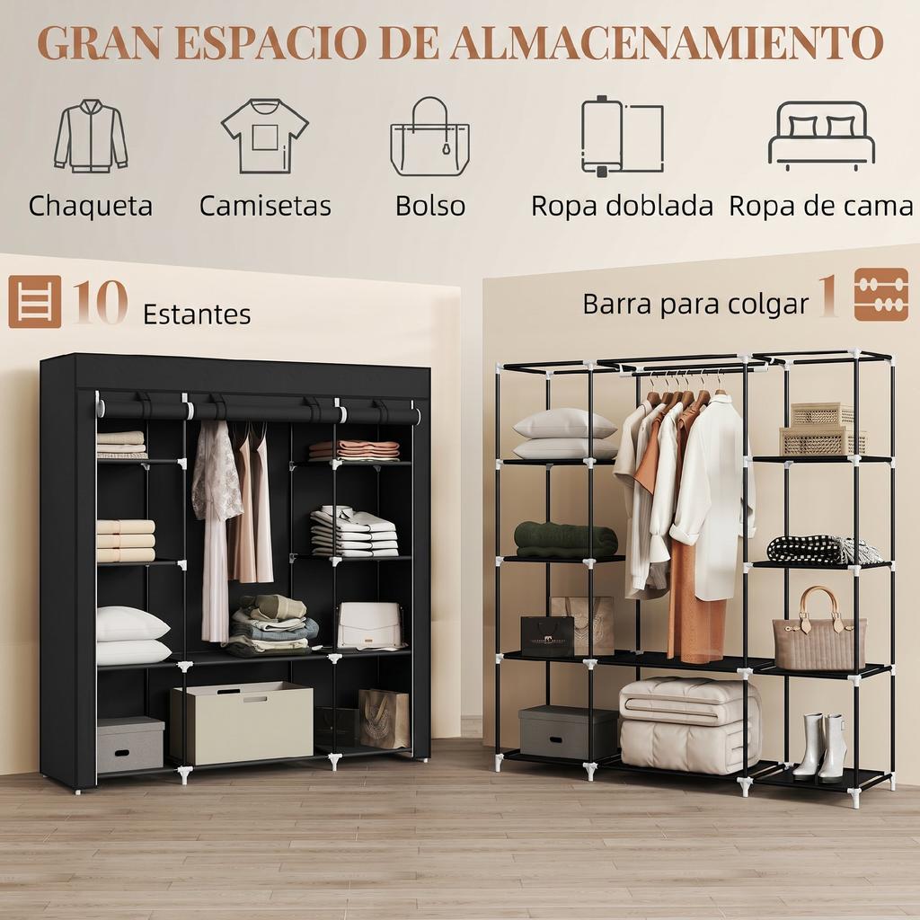 Fabric Wardrobe with Rod 10 Open Shelves Zipper Cover and Steel Frame 150x43x162.5 cm Black