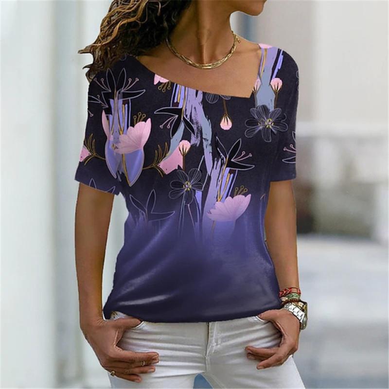 

Косой воротник цветок цифровой 3D принт Harajuku женская футболка с коротким рукавом Летняя повседневная персонализированная женская верхняя одежда 3XL