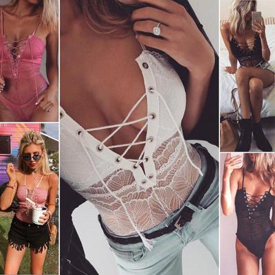 Transparent Lace Sexy V Neck Sleeveless Lace-ups Bodysuits Slim Bodycon Hollow Out Bandage Bodysuit