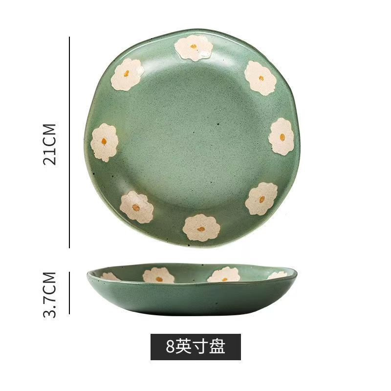 Japanese Vintage Hand Painted Dots Daisy Pottery Deep Plates Creative Moon Star Steak Flat Plate Handmade Salad Dinner Dishes