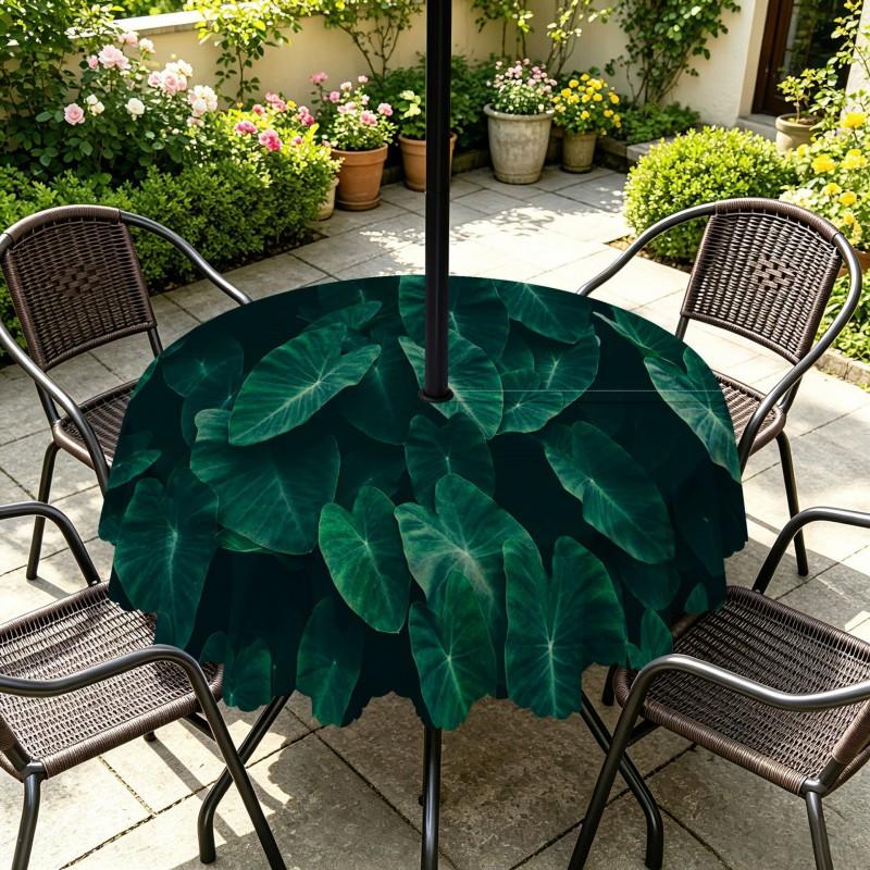 Outdoor Round Tablecloth With Umbrella Hole Waterproof Oil Resistant Floral Leaf Patio Garden Deck