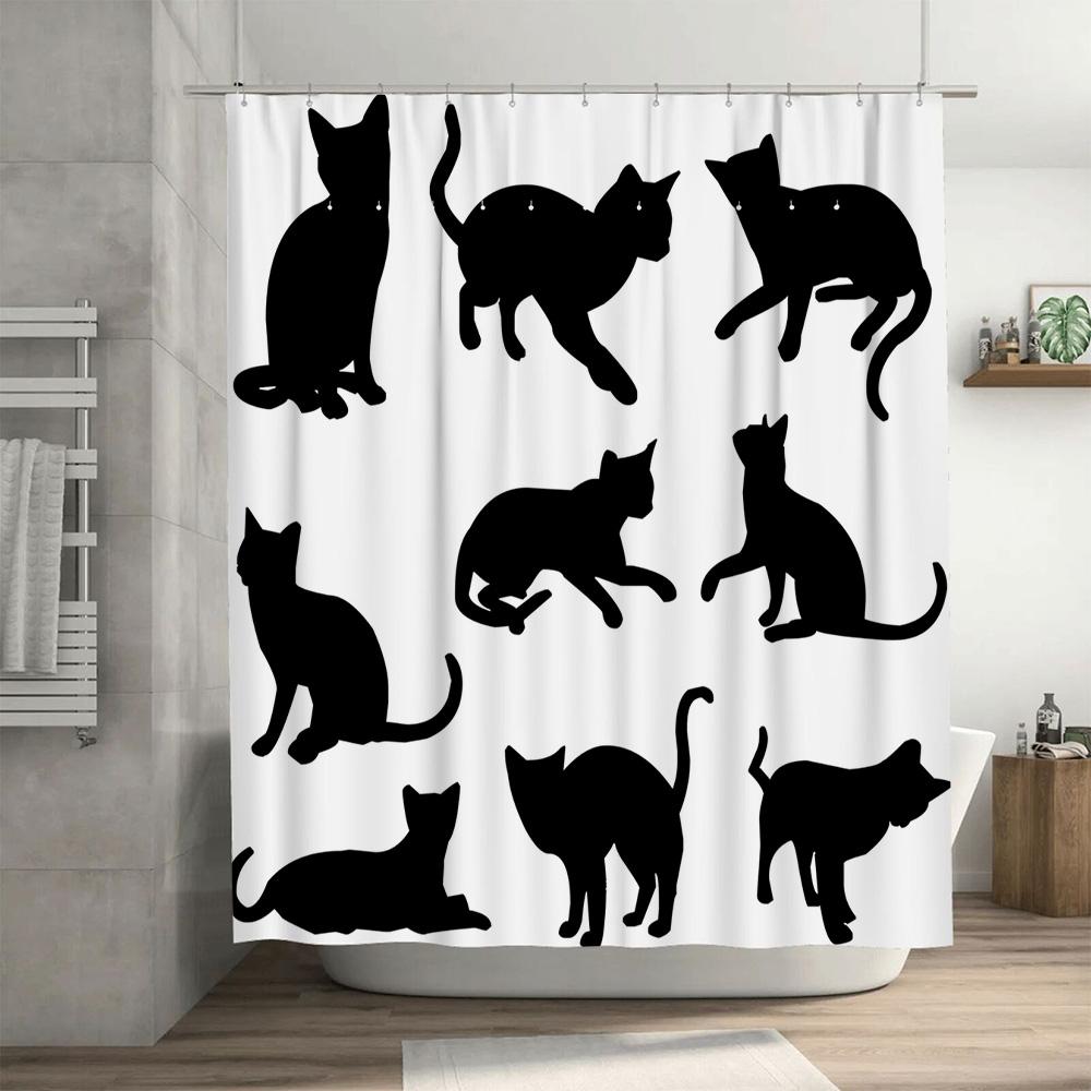 Animal Print Shower Curtains Set Polyester Waterproof Black Cats Silhouette Bathroom Decor Customizable Lengths
