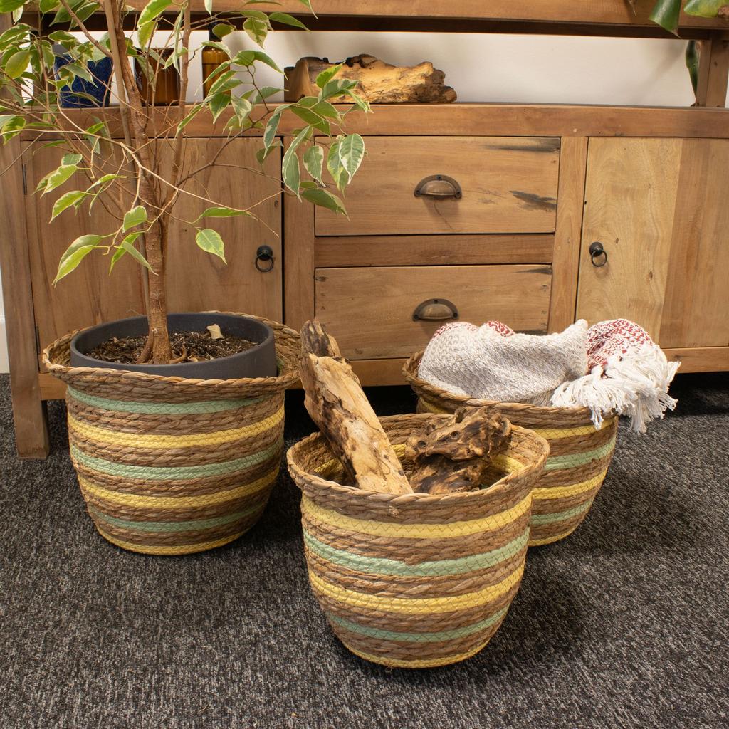 Seagrass & Straw Vase Shaped Baskets – Natural Yellow & Green – Set of 3