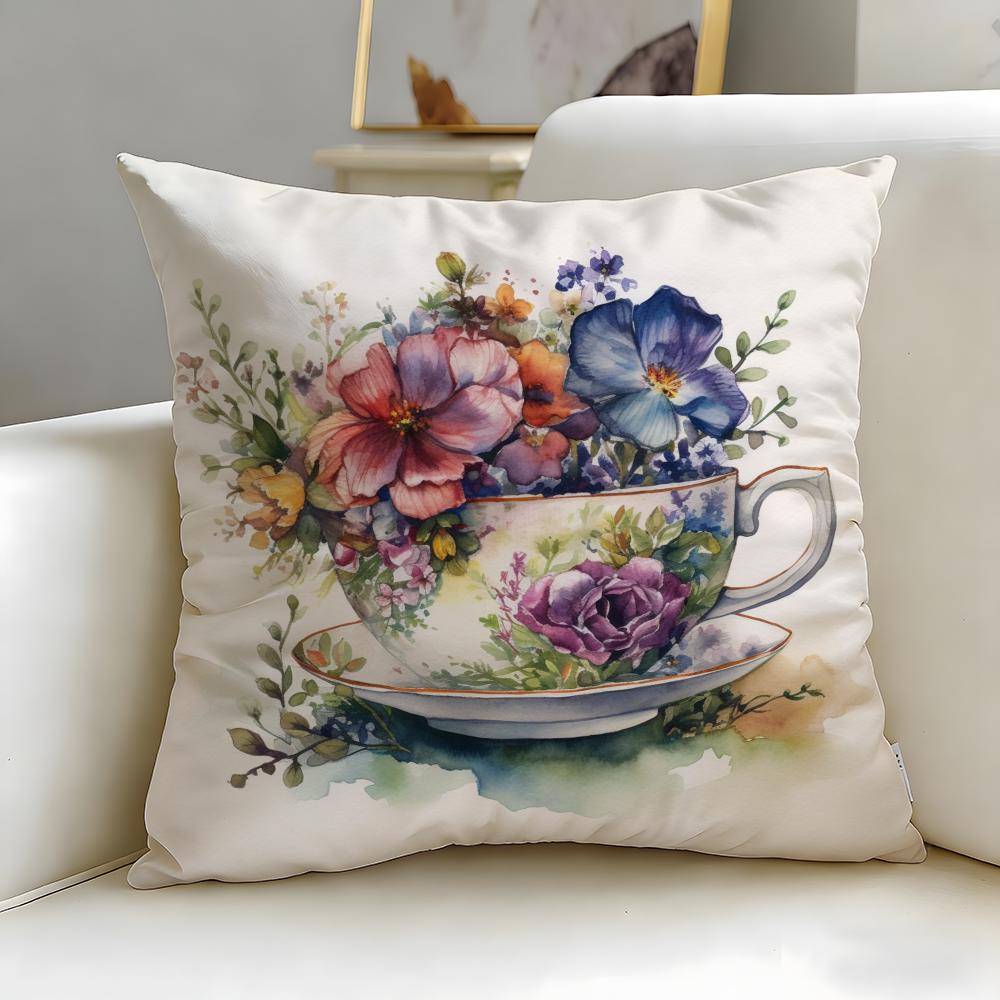 Trendy Ccup of Flowerses Cushion Cover Soft  EasyWash Pillow Case  Versatile for Couch Bed Travel and Office