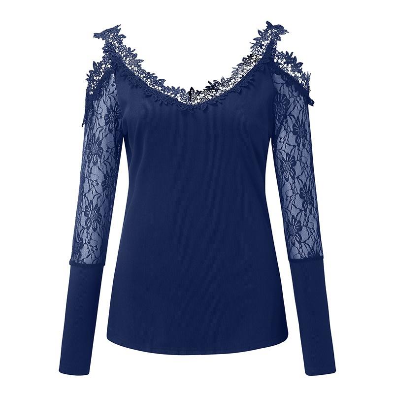 New Spring Autumn Women's Fashion V Neck Blouse Solid Color Off Shoulder Tops Long Sleeve Sexy Lace T-Shirt Slim Fit Blouses Tops