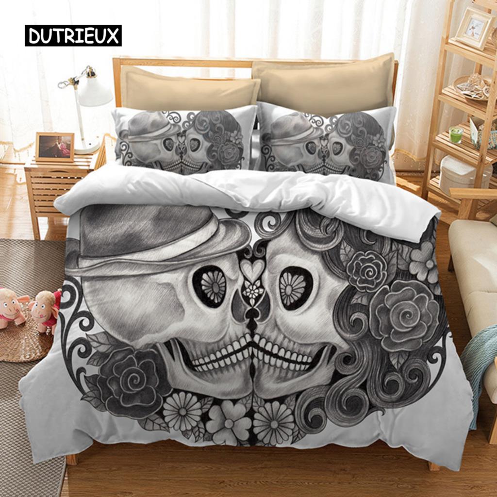 Ložní soupravy Sugar Skull King Krása Polibek Lebka Povlak na přikrývku Ložní souprava Bohémský potisk Černé ložní prádlo Velikost Queen Bedline