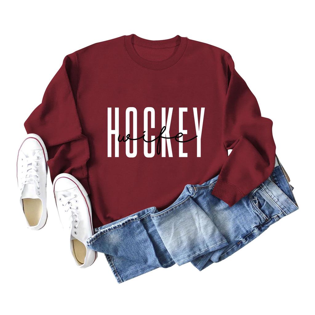 European & American Fashion Long Sleeve Loose Hoodie with 'Hockey Wife' Print for Women