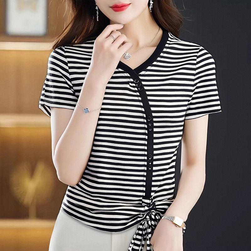 Summer New Drawstring Design Short-sleeved T-shirt Women's French V-neck Short-sleeved Design Niche Chic Striped Top