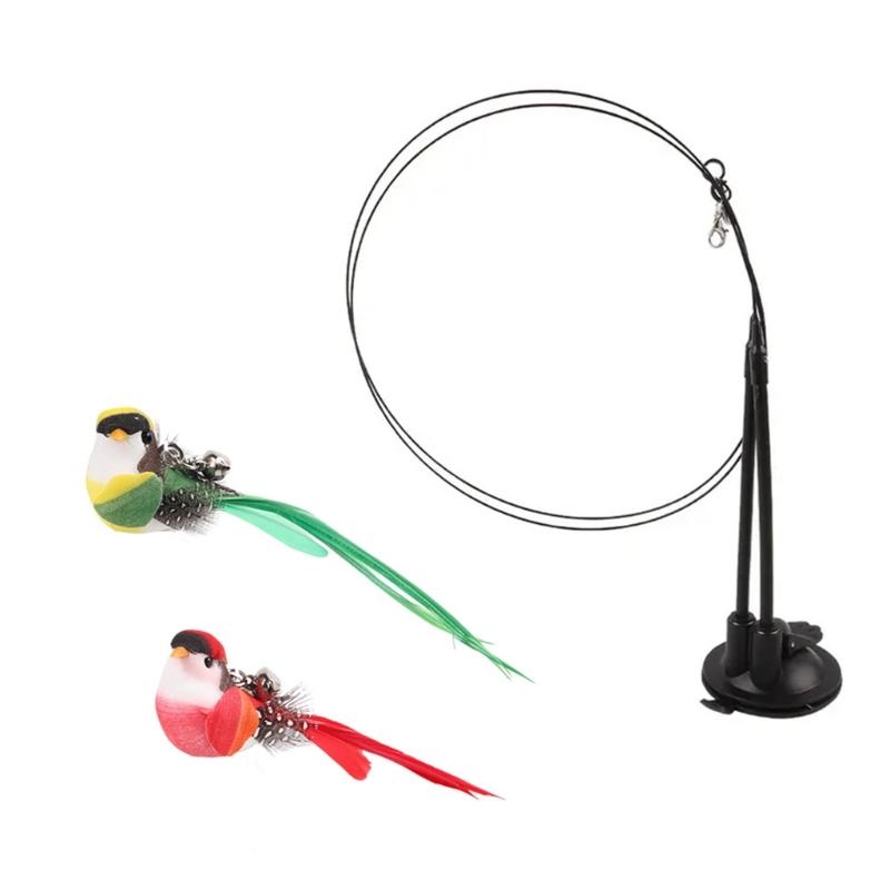 Cats Play Teaser Toy Station With Double Rod Feathered Swirls Colorful Birds Accessories And Suction Cup Mechanism Set