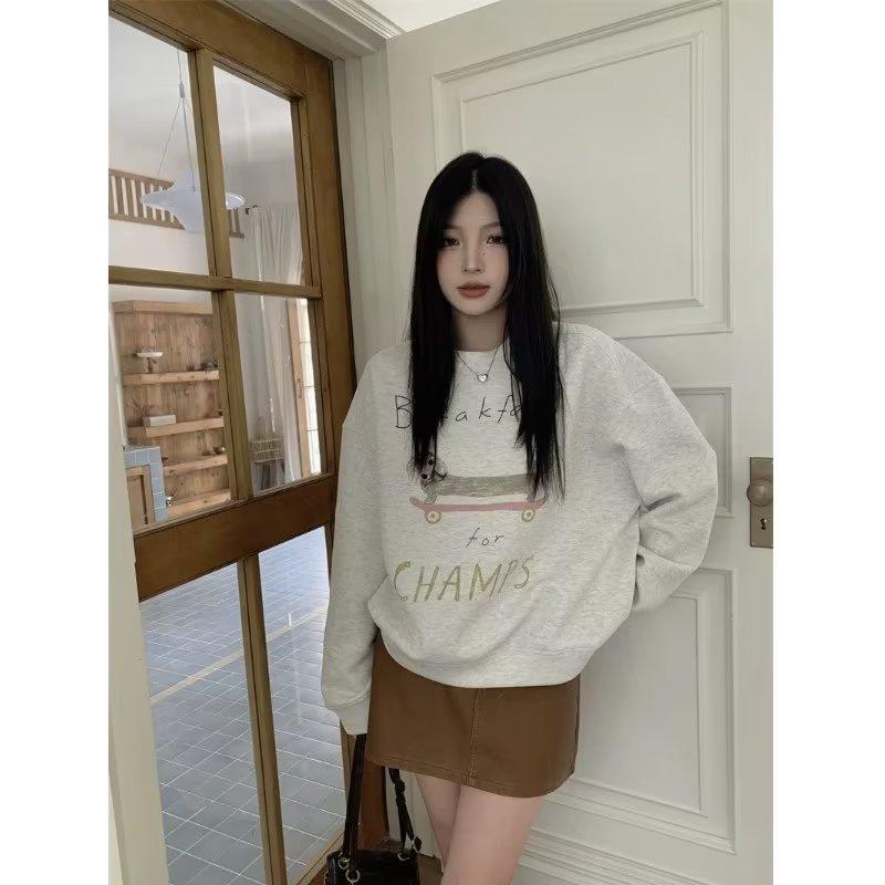 Women Cartoon Print Sweatshirt Casual Long Sleeve Crewneck Pullover Tops Loose Sweatshirts Letters Printed Hoody