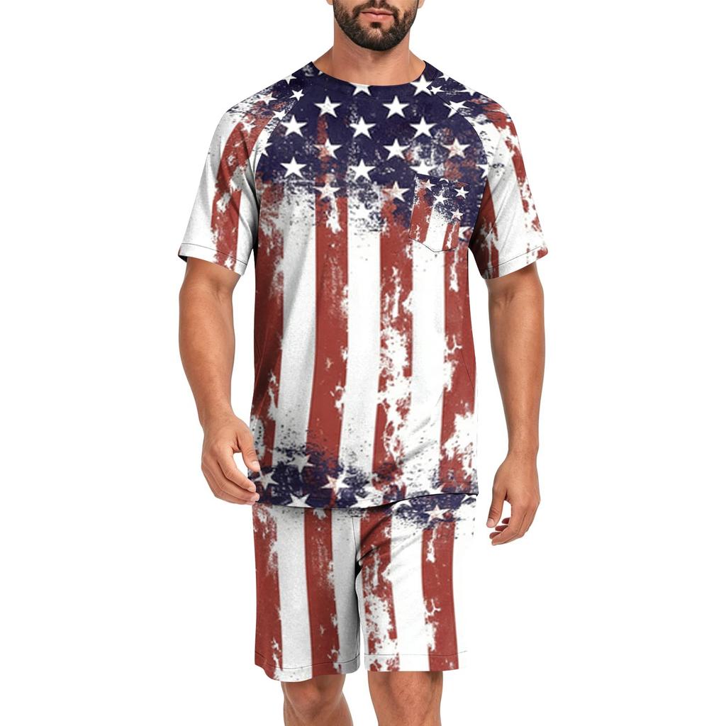 Men's Short Sleeve Pajama Set Lightweight Soft Fabric Crew Neck Top and Elastic Waist Shorts Summer Homewear Sleepwear Set