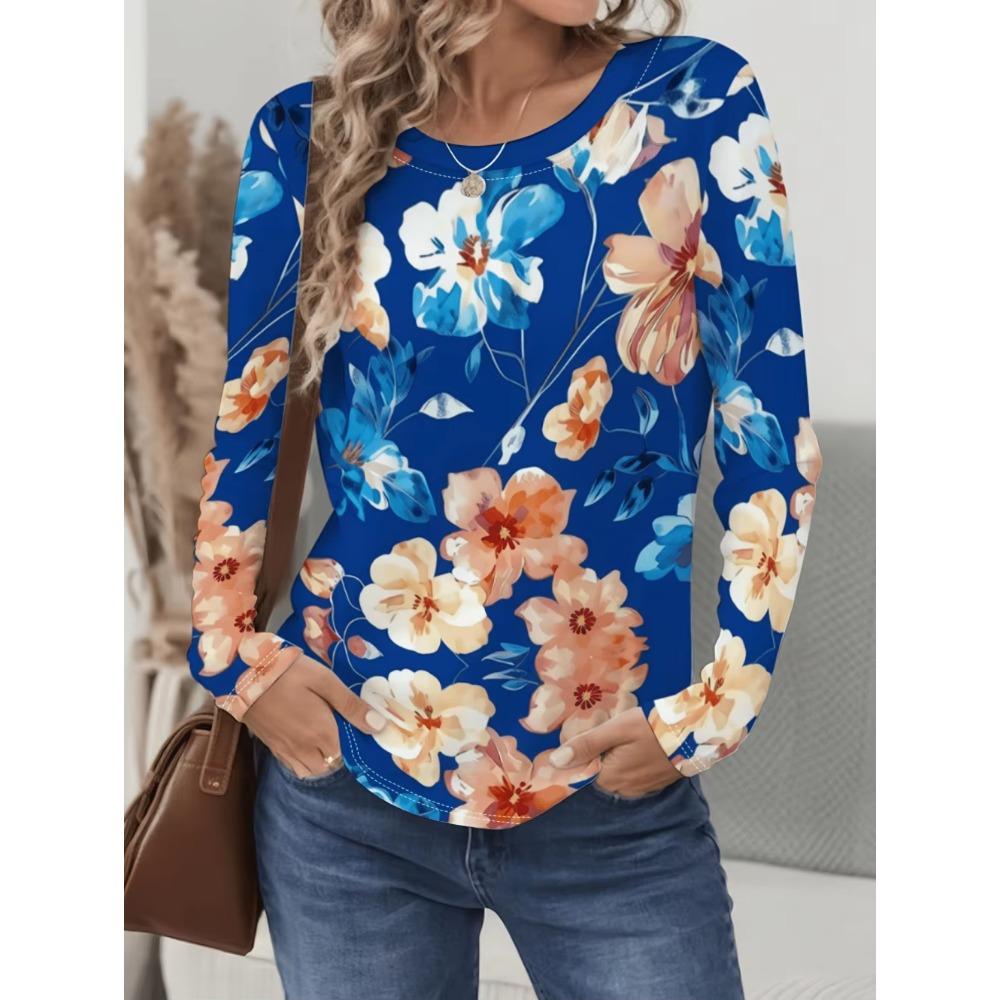 Vintage Floral 3D Print Women's Crew Neck Long Sleeve T-Shirts Comfortable Fashion Tops Tee Y2k Clothes Harajuku Female Clothing