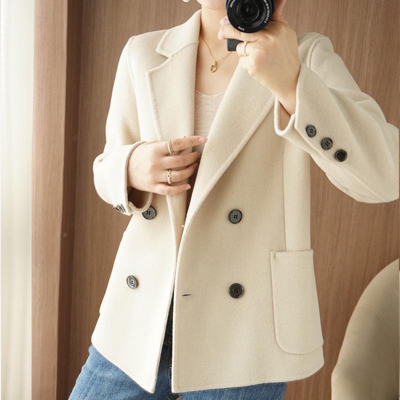 Women's Petite Double-Breasted Wool Cashmere Coat - Autumn/Winter Suit Collar Overcoat