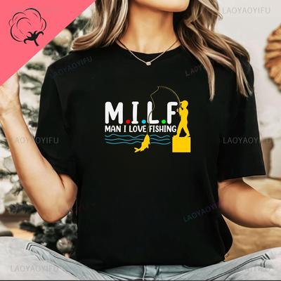 Retro MILF MAN I LOVE FISHING Vintage Man Design Men's and Women's Universal Shirt Cotton Print