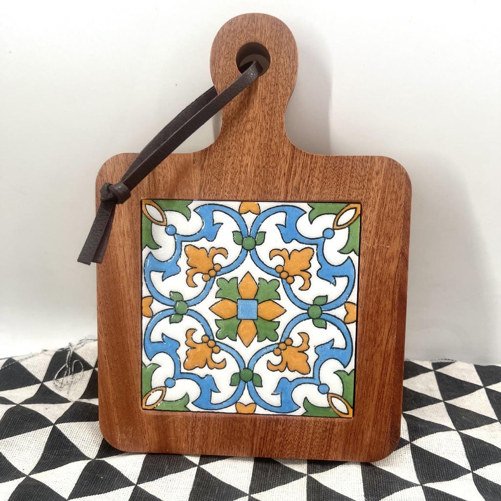 Wood and Ceramic Cutting Board Colorful Tile Trivet Mediterranean Appetizer Board Handmade Kitchen Decor