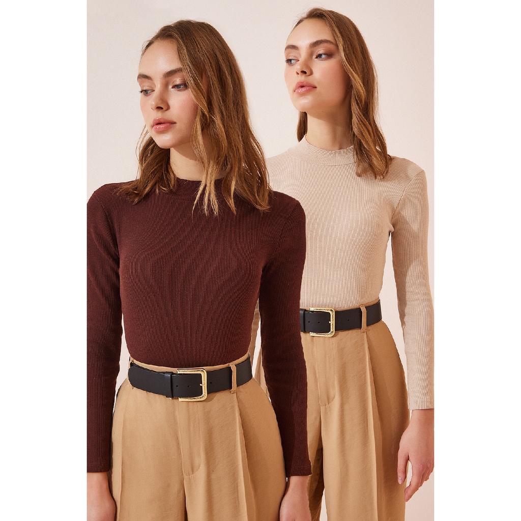 Women's Black White 2 Pack Ribbed Turtleneck Knitted Blouse Gt00053