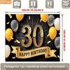 2D 30th Happy Birthday Backdrop, Black Background with Golden Number 30 and Balloons