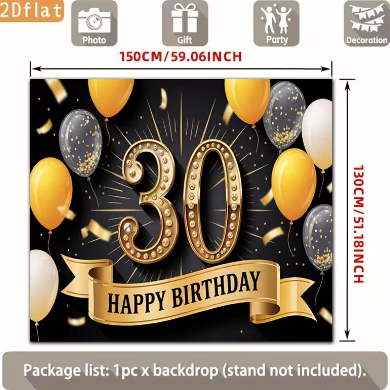 2D 30th Happy Birthday Backdrop, Black Background with Golden Number 30 and Balloons