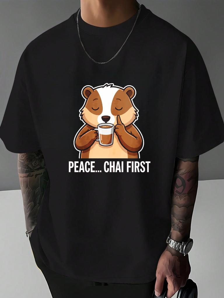 Unisexs Cute Chai Badger Graphic T Shirt Peace Chai First Cartoon Animal Print Short Sleeve Crew Neck Casual Cotton Male Daily Tee