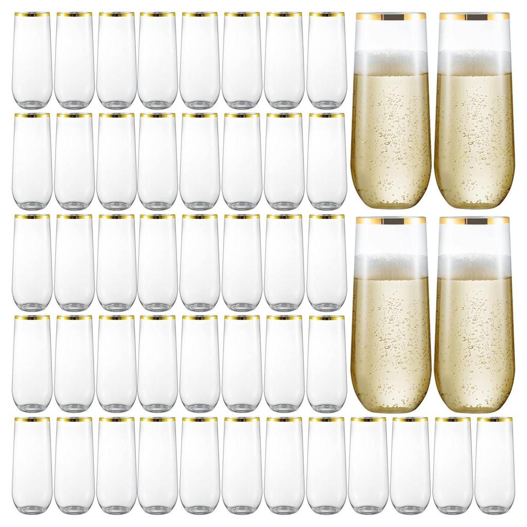 48 Pack Plastic Stemless Champagne Flutes, Disposable Unbreakable 9 Oz Toasting Glasses With Gold rim, Fancy & Shatterproof Champagne Glasses