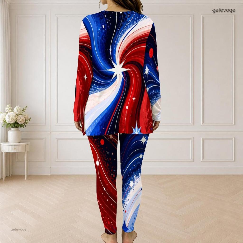 Women Plus Size Two Piece Set Front Zip Long Sleeve Printed Top And Long Pants Red Blue White
