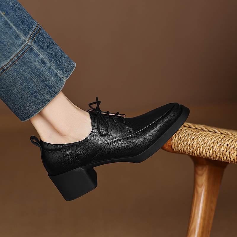 Krazing Pot Sheepskin Autumn Winter Shoes Chunky Heels Size 43 Size 42 Round Toe Lace Up Deep Mouth Retro Fashion Pumps