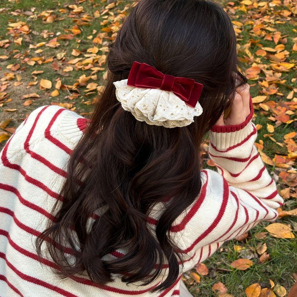 Wine Red Bowknot Spring Clip Cloth Lace Bow Hairpin Sweet Red Velvet Bow Hair Clip  Ponytail Holder