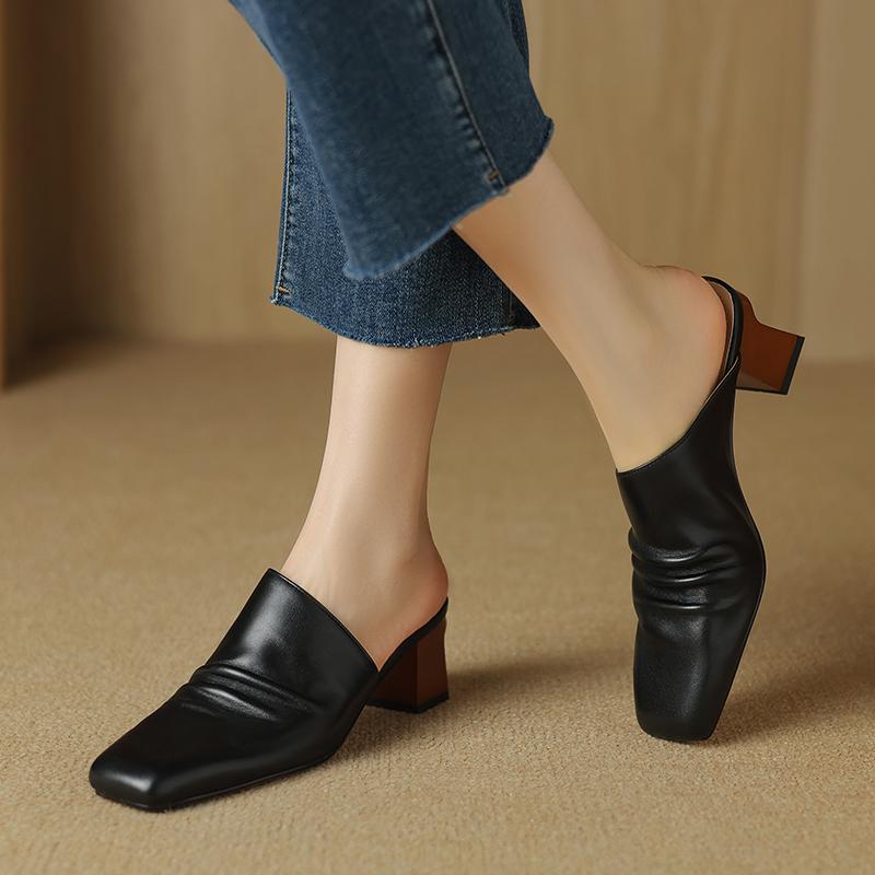 Fashion 2025 Summer New Genuine Leather Retro Semi-drag Mueller Slippers Woman Women's High Heel Square Toe Casual Shoes Women Slippers