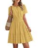 European & American V-neck Pleated Puff Sleeve Layered Dress for Women