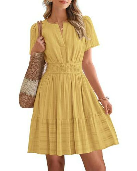 European & American V-neck Pleated Puff Sleeve Layered Dress for Women