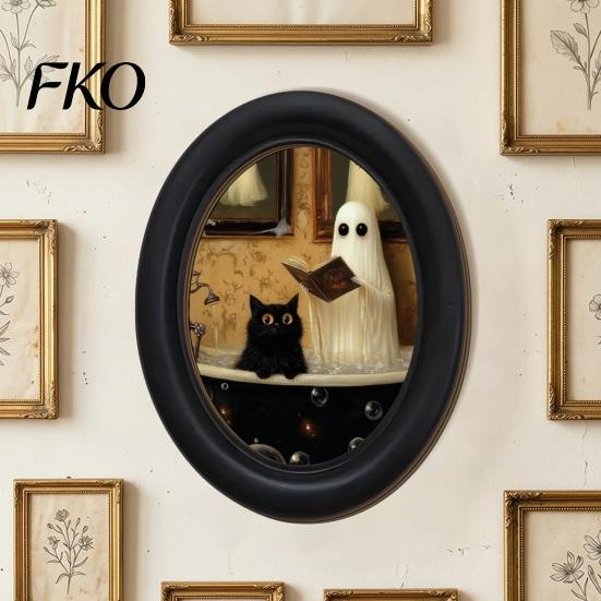Cute Ghost Painting Halloween Wall Decor, Table Sign, Vintage Oval Framed Non-marking Art Picture, Decorative for Mantel Living Room Bedroom