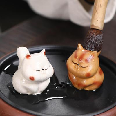 Clay Cat Figurine for Tea Enthusiasts, Small Sculpture Office And Home