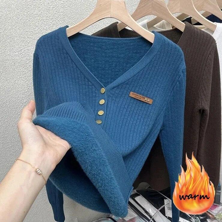 Thicken Warm Plus Velvet Winter Sweaters Women Casual V-neck Button Decoration Design Basic Solid Knit Pullover Bottomed Jumpers