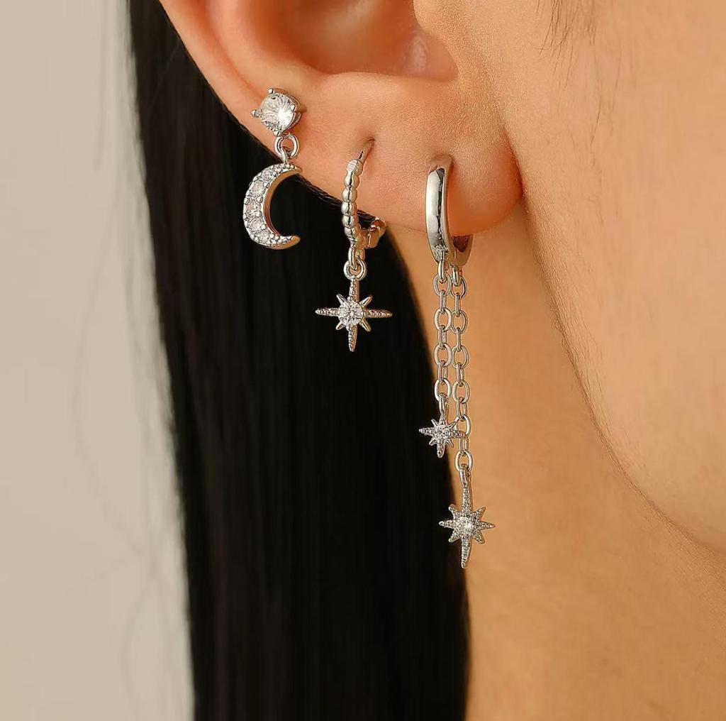 Star and Moon Chain Tassel Earrings with Hexagram Zircon Studs Set - Women's Dangle Earrings