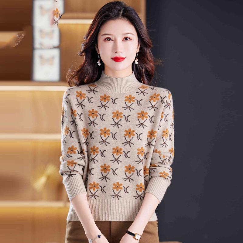 Jacquard Sweater Loose Half Turtleneck Knitted Sweater for Women In Autumn and Winter Fashionable and Casual Pullover