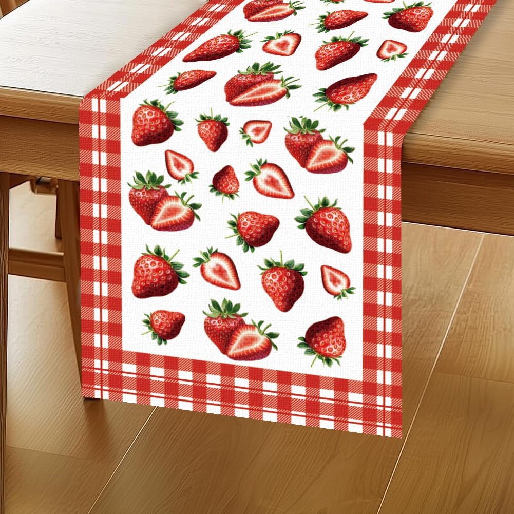 WADORN Strawberry Table Runner, 13x72 Inch Buffalo Plaid Check Fruit Kitchen Dining Table Decoration Spring Summer Seasonal Farmhouse Table Runners