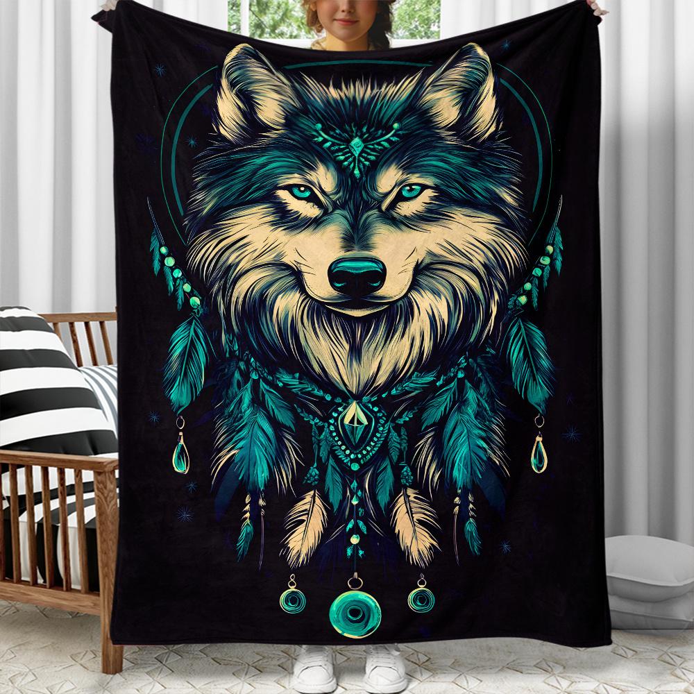 Wolf dreamcatcher feathers tribal pattern flannel blanket spiritual animal art blanket for home decor boho style gift 75X95CM