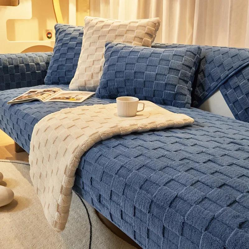 Plush Sofa Cushion Winter Nordic Non-Slip Cushion Backrest Cover Towel Modern Simple Winter Leather Sofa Cover Cover Cloth