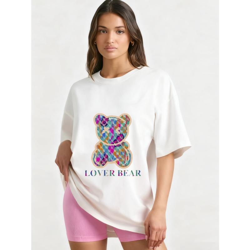 

Футболка оверсайз черная с графическим принтом медведя-любовника, повседневная одежда для женщин, летняя мода, уличный стиль S белый