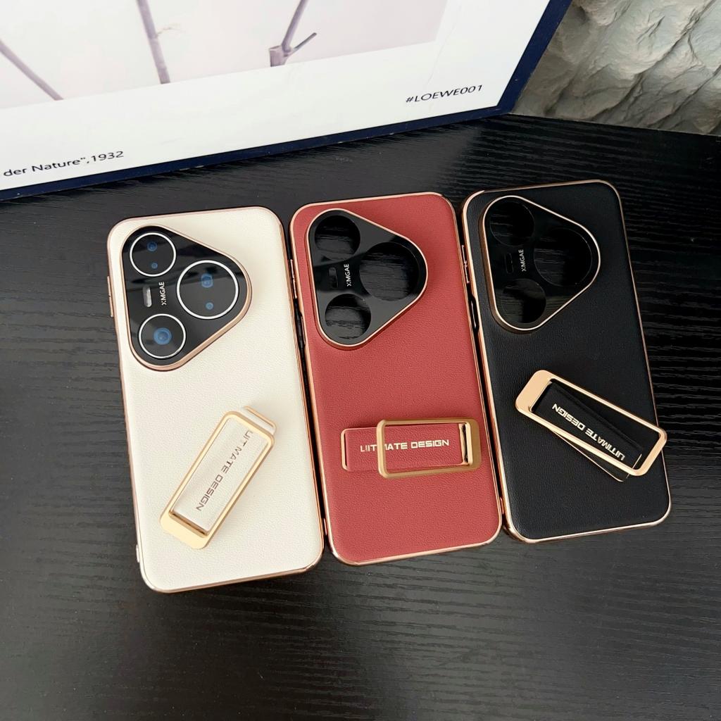 For Huawei Pura 80 70 Pro Plus Ultra Genuine Leather Case Camera Lens Protector Finger Grip Metal Bracket Electroplating Cover