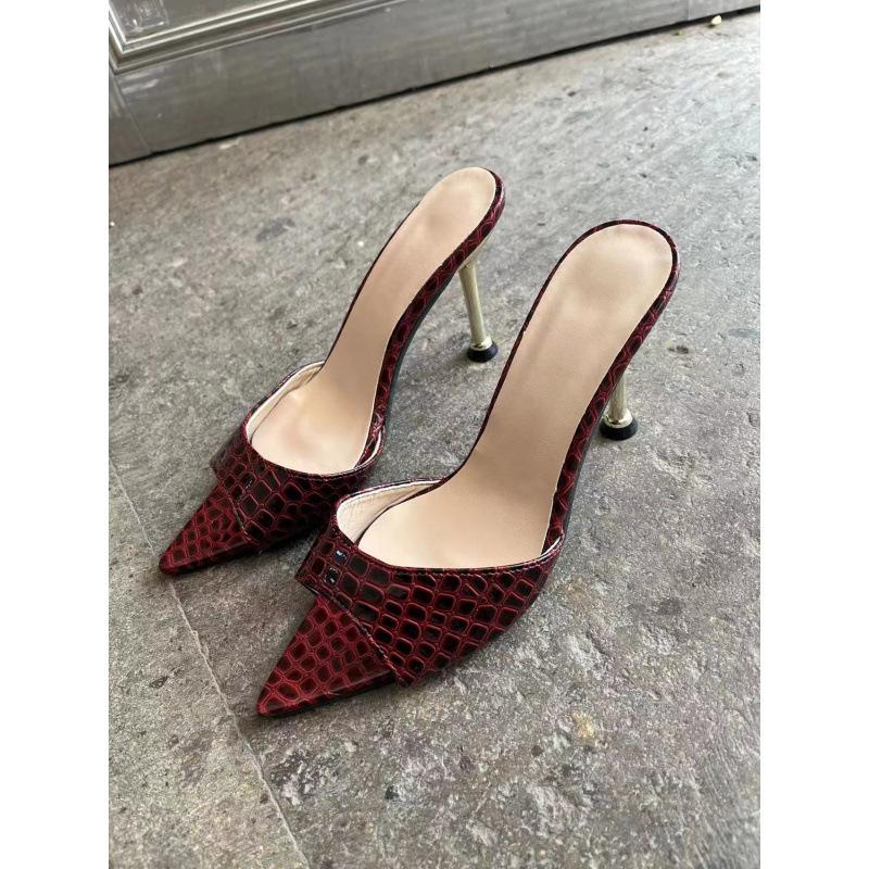 New European and American sexy snakeskin pattern pointed thin high-heeled cool slippers simple solid color large size banquet shoes