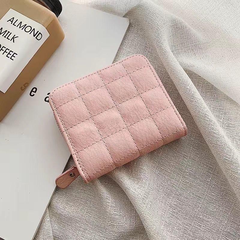 Korean Flodable Short Wallets Coin Card Holder Women‘s PU Leather Plaid Zipper Coin Money Purses ID Credit Card Holder Wallet