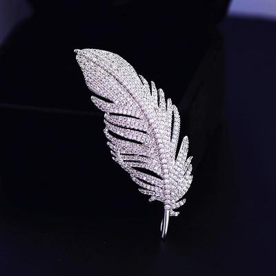 Korean-Style Zircon Feather Brooch for Women's Suit Coats