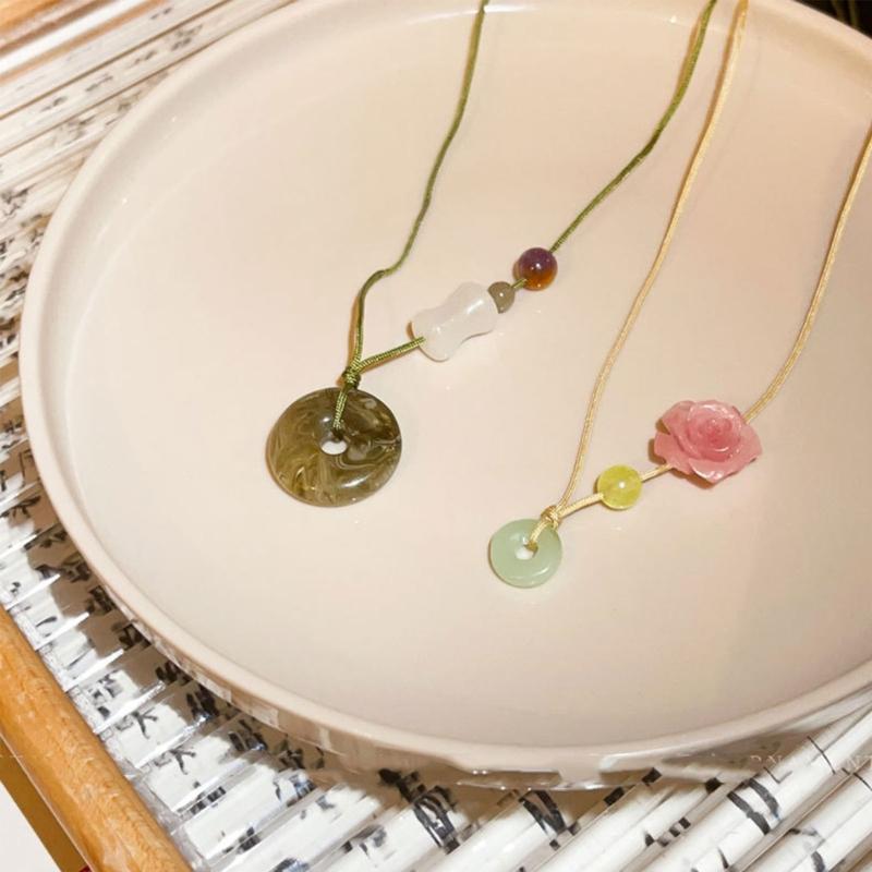 Jade Beads Safety Buckle Camellia Flower Necklace Female Temperament Long Rope Collarbone Chain Adjustable Chain Jewelry