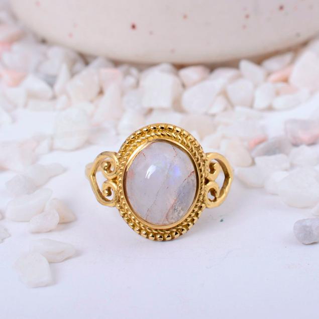 Labradorite Moonstone Ring Set, Brass Boho Gemstone Stacking Rings, Dainty Solitaire Jewelry, Spiritual Protection Gift for Her,