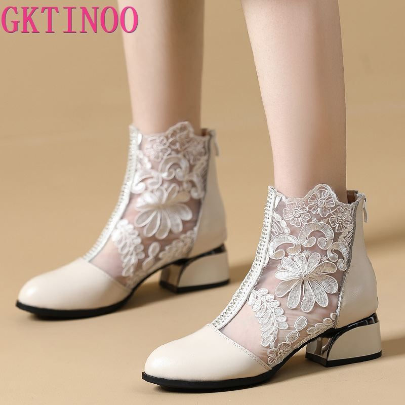Fashion GKTINOO Women's Shoes Lace Genuine Cow Leather Spring Summer Fashion Boots Thick Heel Round Toe Ankle Boots Shoe Plus Size 35-43