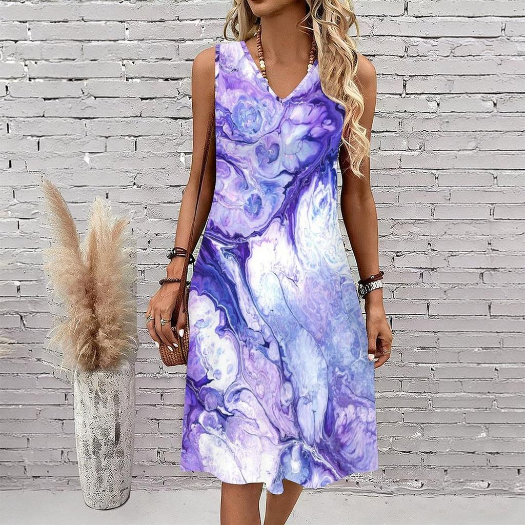 Plus Size V Neck Sleeveless Dress Sun Dappled Stream Forest Print For Afternoon Garden Leisure