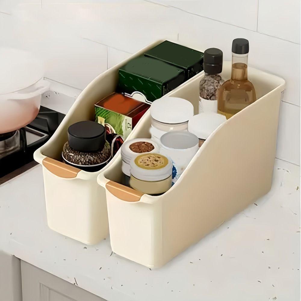 2pcs Large Capacity Curved Storage Box Anti-slip Space Saving Snack Seasoning Basket with Handle Plastic Cabinet Organizer