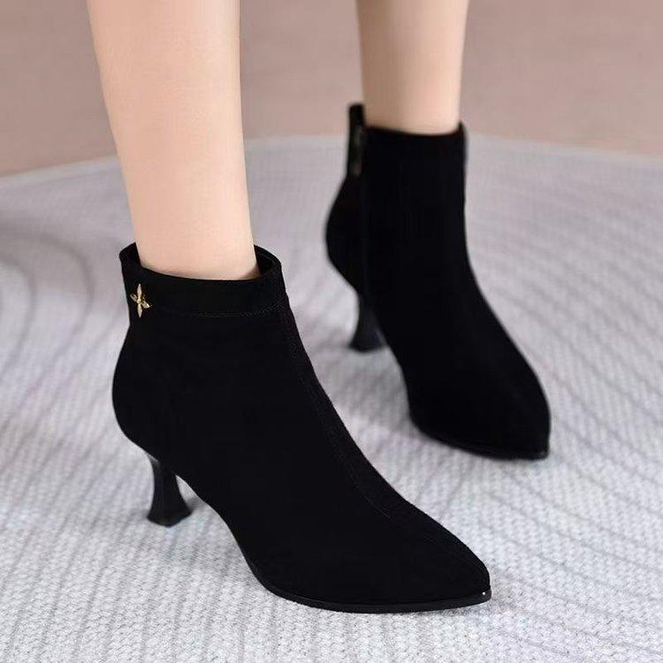 medium heel bare boots women's suede stiletto high heels women's temperament matte short boots autumn and winter pointed elastic thin boots