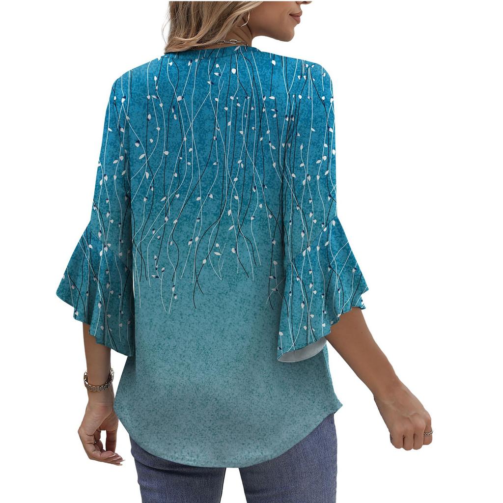 Summer Tops For Women Cute V Neck 3/4 Sleeve Blouses Floral Print Top Casual Shirts